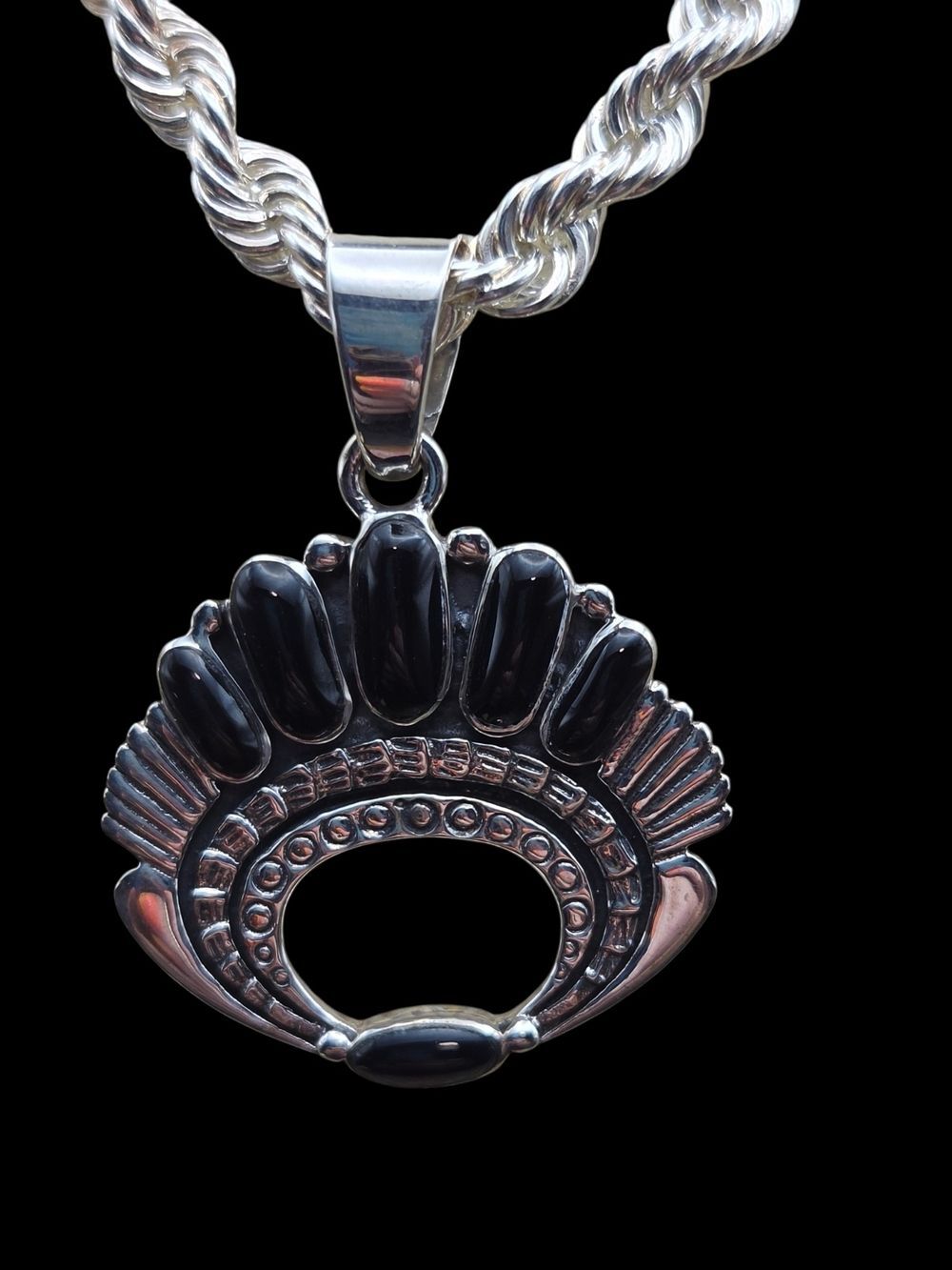 Southwest Sterling Silver Black Onyx Statement Pendant Leaf Stamp